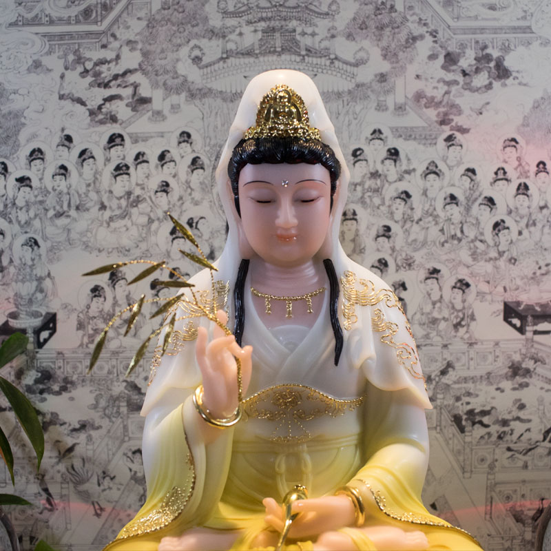 Tượng Mẹ Quan Âm Đài Loan Bột Đá áo viền vàng