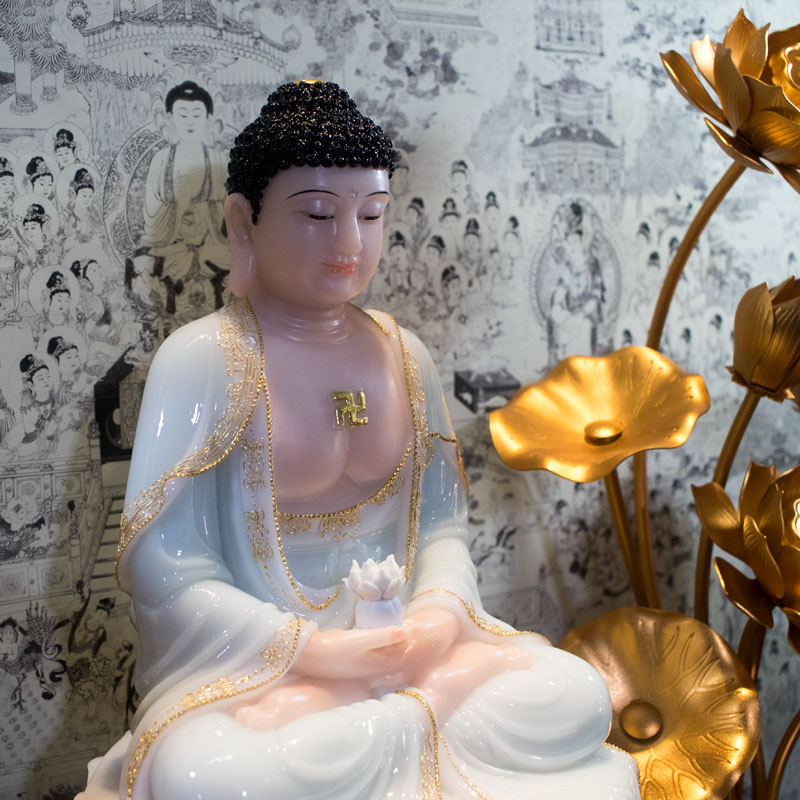 Tượng Phật A Di Đà Bằng Bột Đá Y Xanh Ngọc 42cm