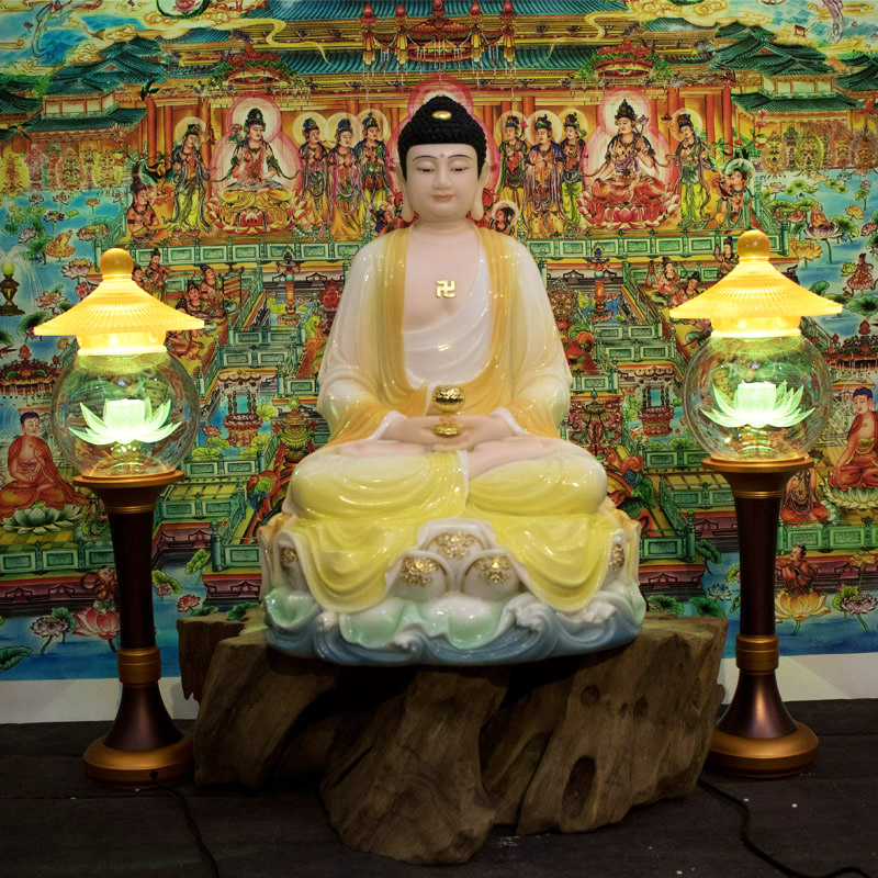 Tượng Phật A Di Đà Ngồi Đài Sen Sóng Nước Bằng Bột Đá