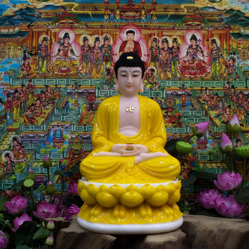 Tượng Phật Thích Ca Màu Vàng Bột Đá Ngồi Đài Sen 