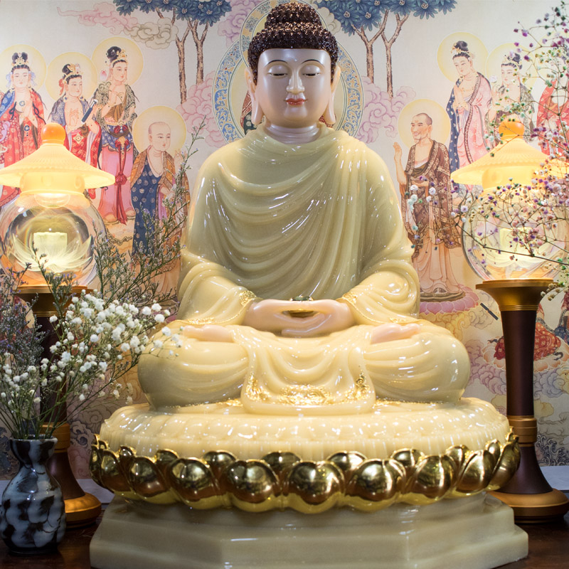 Tượng Phật Thích Ca Mâu Ni Đẹp Bột Đá Thạch Anh Viền Vàng