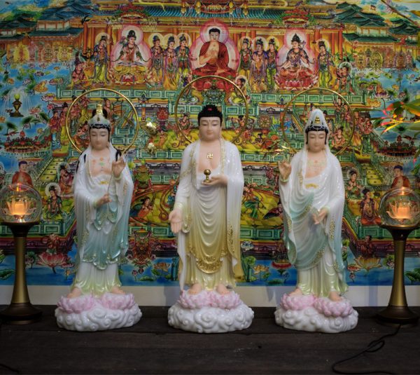Tượng Tam Thế Phật đứng bột đá Đài Loan 48cm