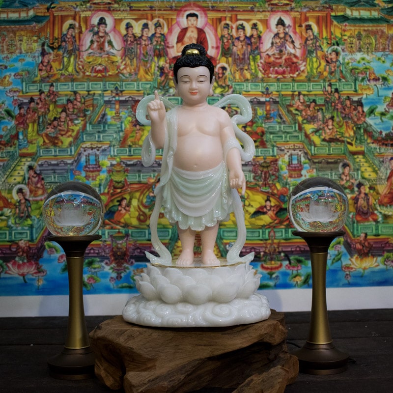Tượng Phật Đản Sanh bột đá ngọc xanh thiên thanh