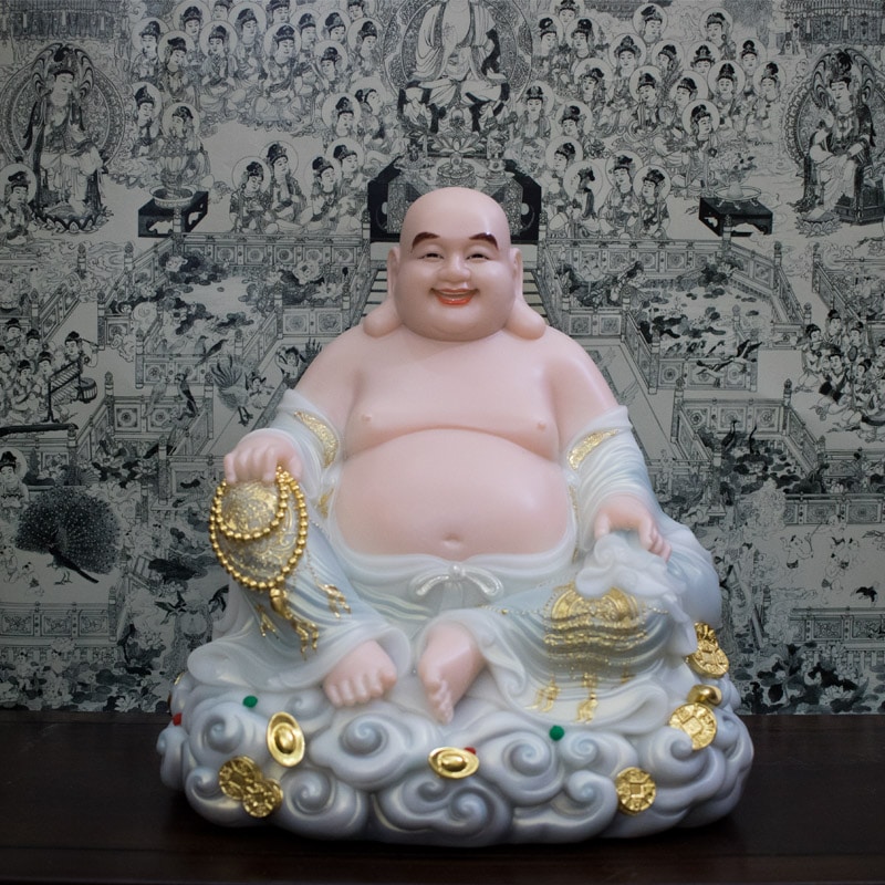 Tượng Phật Di Lặc ngồi bao tải tự tại bột đá màu khói lam 40cm