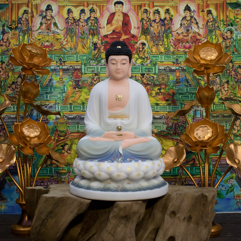 Tượng A Di Đà Phật Đài Loan đá khoáng hoa văn màu phớt xanh 48cm