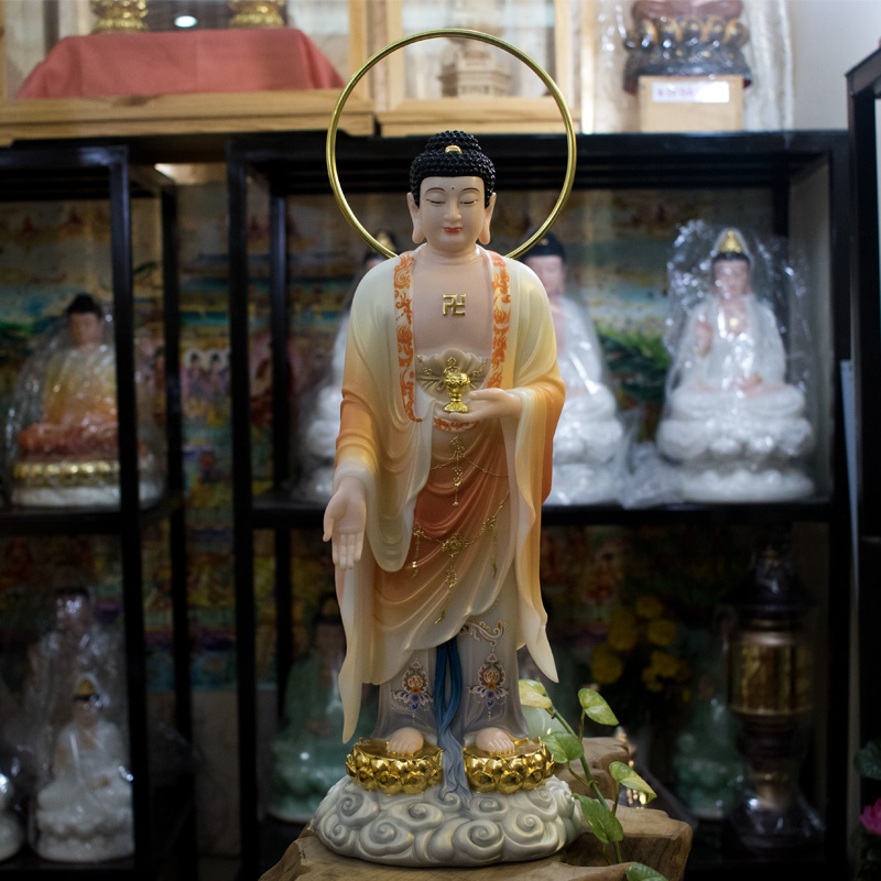 Tượng Phật A Di Đà đứng tiếp dẫn liên hoa sen mạ vàng 50cm