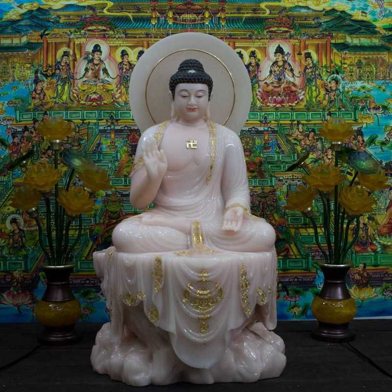 Tượng Phật A Di Đà đá thạch anh hồng ngồi bệ đá cao 66cm
