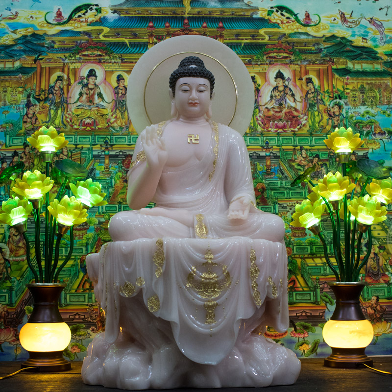 Tượng Phật A Di Đà đá thạch anh hồng ngồi bệ đá cao 66cm
